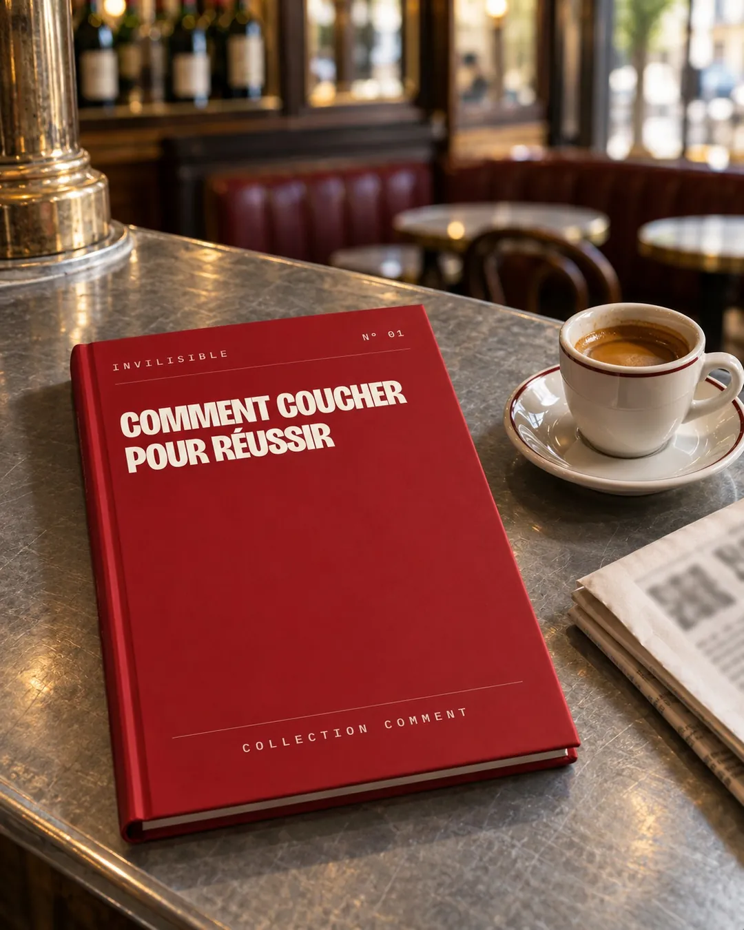 Le livre carmin Comment coucher pour réussir posé sur le comptoir en zinc d'un bistrot parisien, à côté d'un espresso