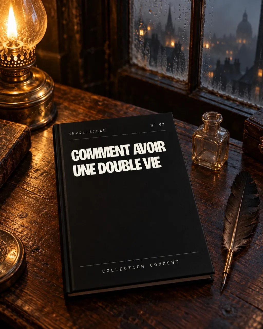 Le livre noir Comment avoir une double vie sur un bureau ancien, la nuit, à la lumière d'une lampe à huile