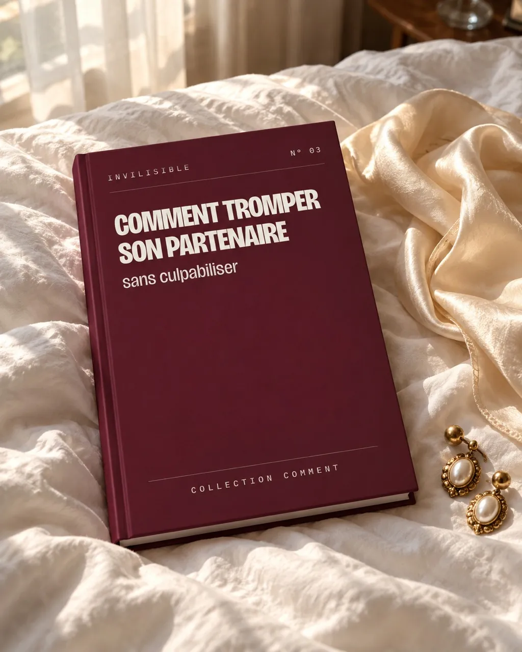 Le livre bordeaux Comment tromper son partenaire posé sur des draps de lin blancs, dans la lumière du matin