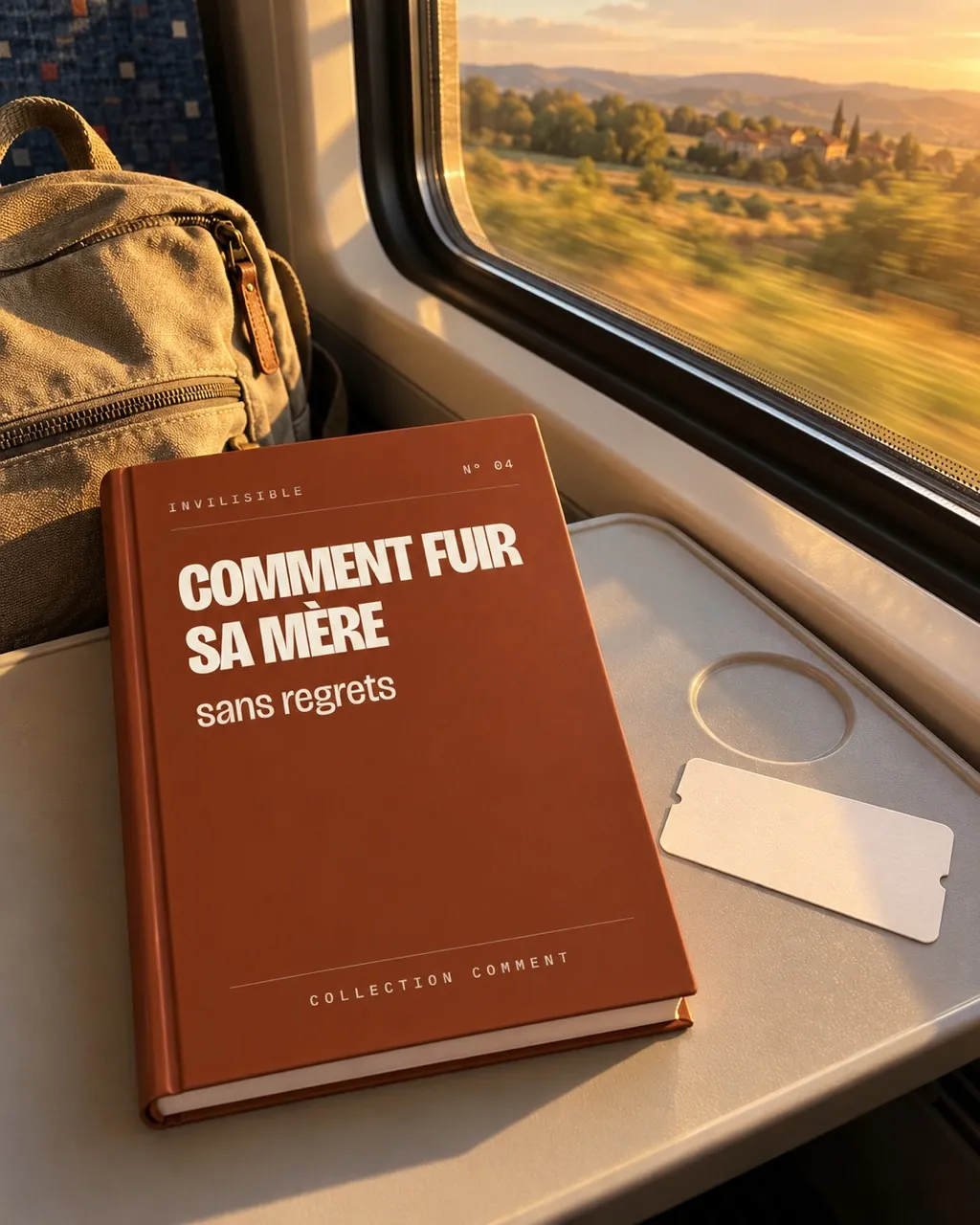 Le livre terre cuite Comment fuir sa mère posé sur la tablette d'un train, la campagne défile derrière la vitre