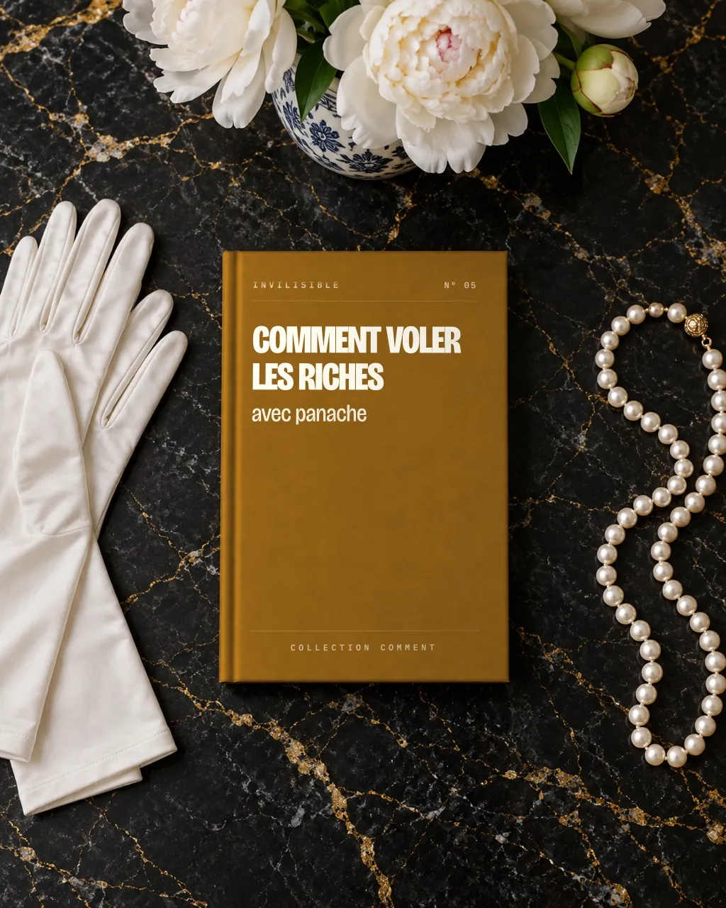 Le livre ocre Comment voler les riches sur une table en marbre noir, à côté de gants blancs et d'un collier de perles