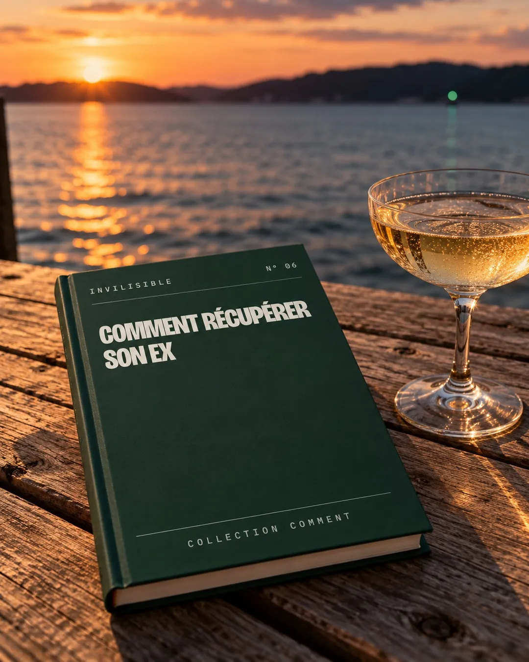 Le livre vert forêt Comment récupérer son ex posé sur un ponton en bois au crépuscule, une coupe de champagne à côté