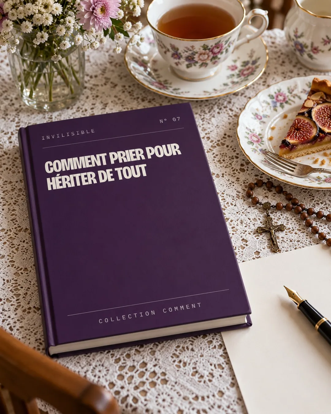 Le livre prune Comment prier pour hériter de tout sur une nappe en dentelle, entre des tasses de porcelaine et une part de tarte