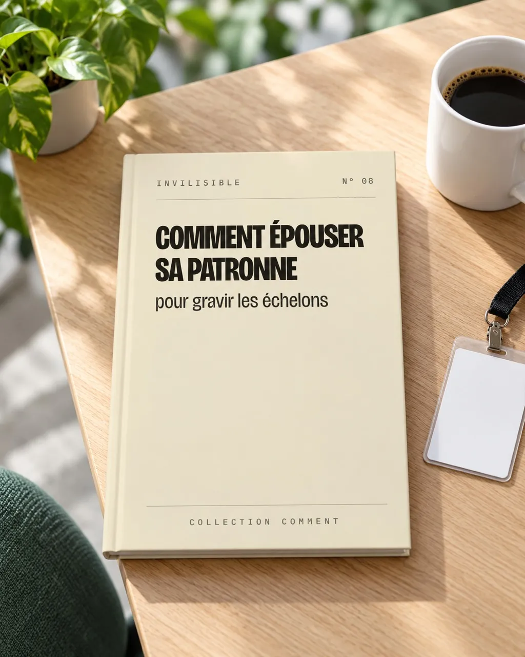 Le livre crème Comment épouser sa patronne sur la table d'une salle de pause, à côté d'un mug de café