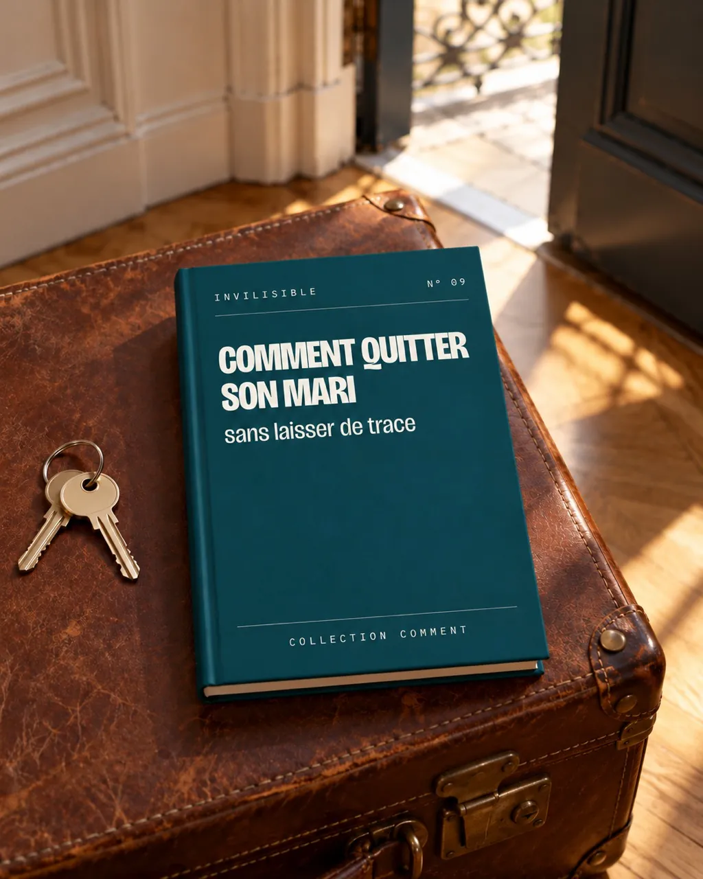 Le livre bleu pétrole Comment quitter son mari posé sur une petite valise en cuir, près d'une porte d'entrée entrouverte
