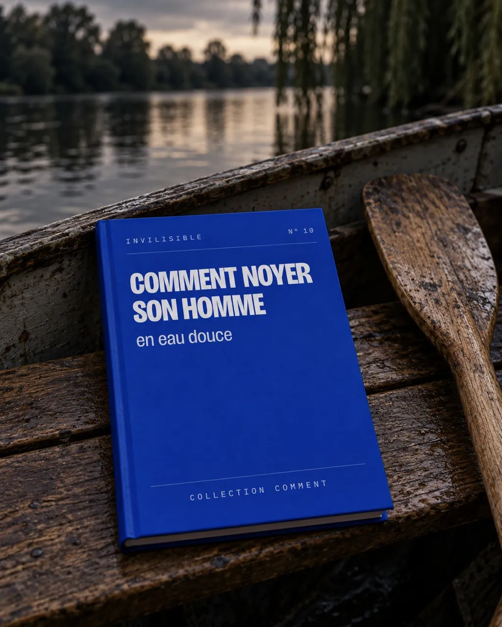 Le livre bleu Klein Comment noyer son homme posé sur le banc d'une barque en bois, sur une rivière calme