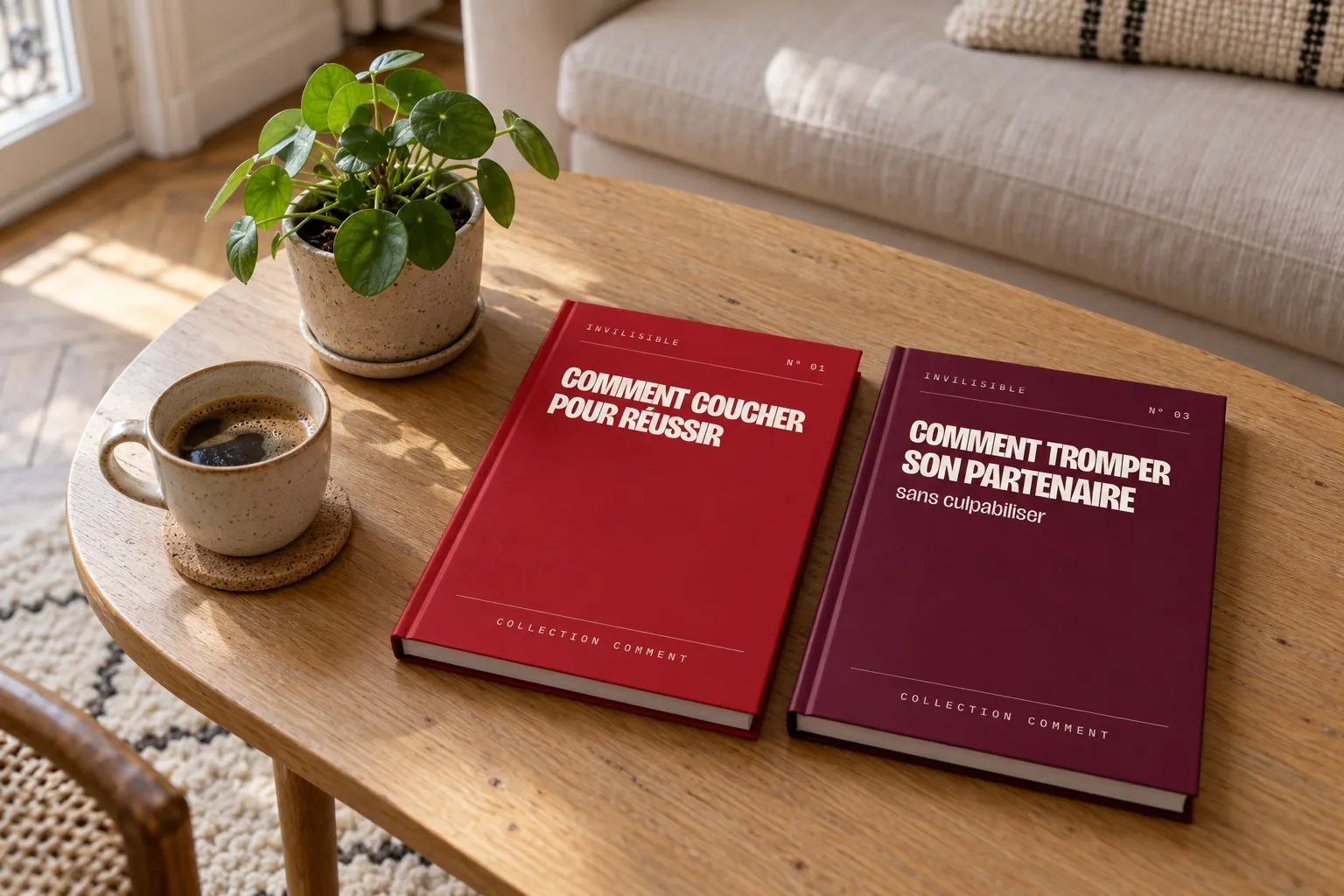 Deux livres de la collection posés sur une table basse de salon, à côté d'une tasse de café